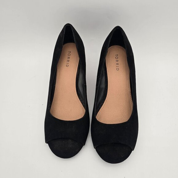 Torrid Black Peep Toe Wedge Heels Size 9W Faux Suede - Picture 7 of 11